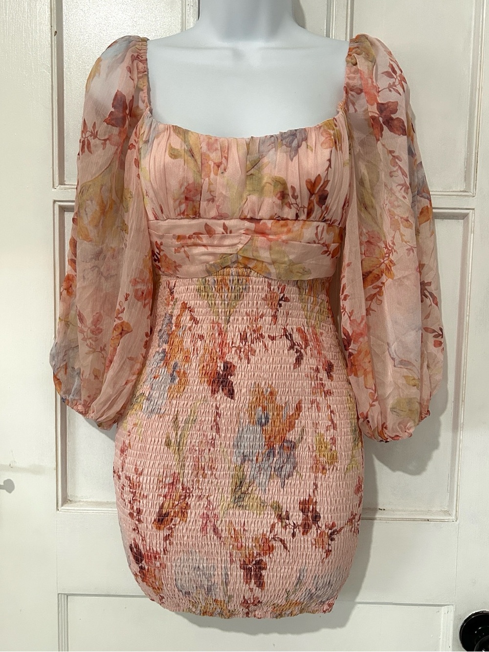 Here Comes The Sun Floral Smocked Mini HOCO Dress Bow Back Balloon Sleeve - XS